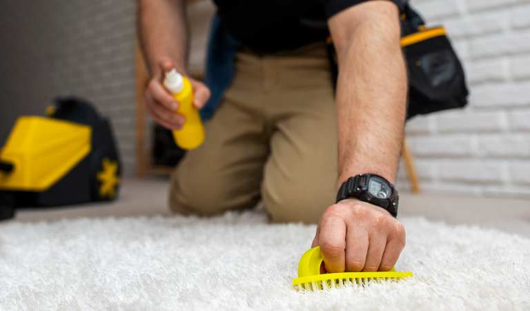 Professional cleaner is cleaning carpet using a spray
