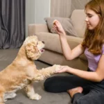 Woman is playing with her pet dog sitting on the floor