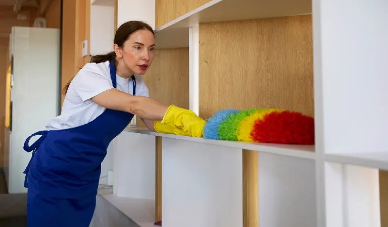 Professional cleaner is cleaning empty cabinets.