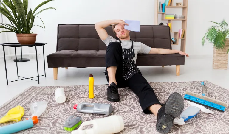 Man on break from cleaning house