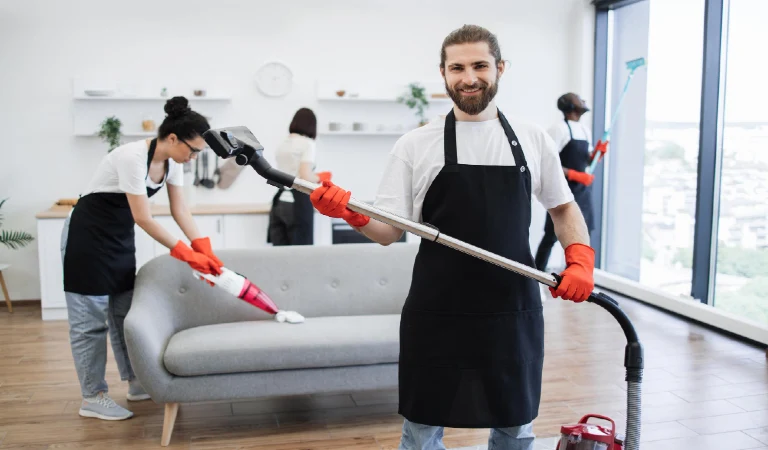 Portrait of bearded cleaner from cleaning service holding vacuum cleaner