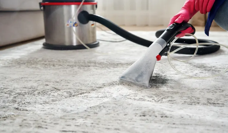 Human steam cleaning carpet in the living room using vacuum cleaner at home