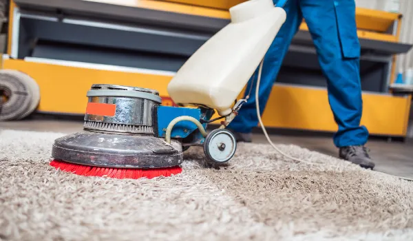 Professional worker doing his job at carpet washing service.