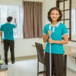 Asian female janitor wearing turquoise uniform standing holding broom in room