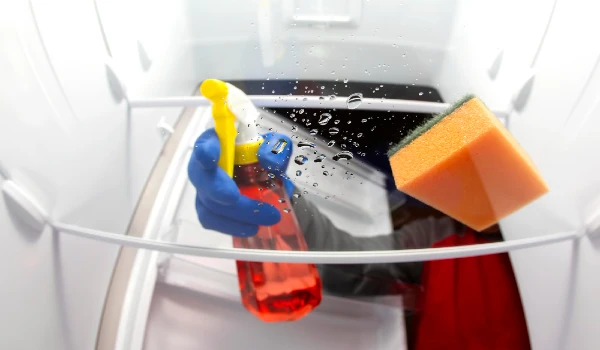 Cleaning and washing the inside of the refrigerator with a detergent spray and sponge