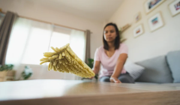 Woman dusting in a living room. House cleaning concept