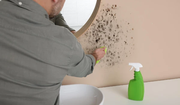 Man removing mould and using brush on wall in bathroom