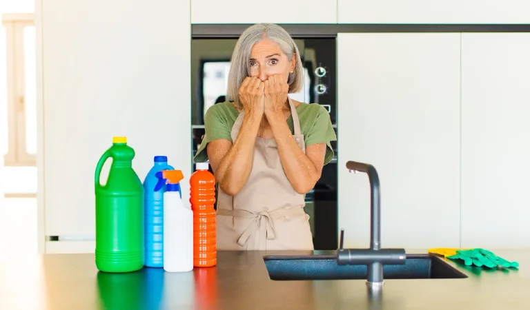 Middle age woman looking worried, cleaning supplies on the surface