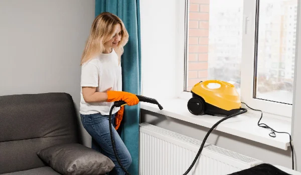 Steam cleaning home professional cleaner is disinfecting dirt and dust at home