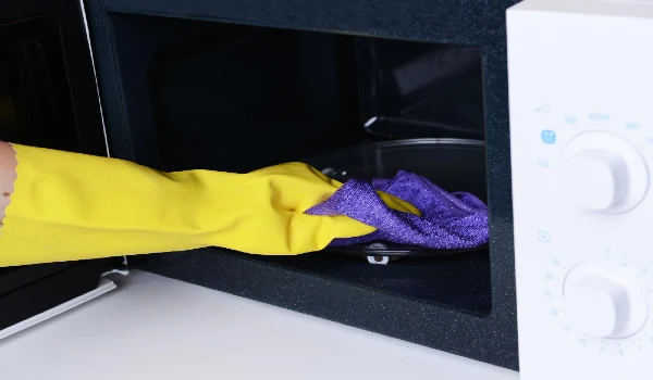 Cleaning microwave oven in kitchen closeup