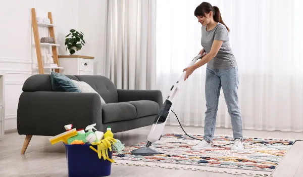 Happy young housewife vacuuming rug at home