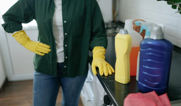Woman in kitchen with the cleaning products