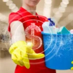 A cleaning lady clicks on a dollar hologram on a blurred background