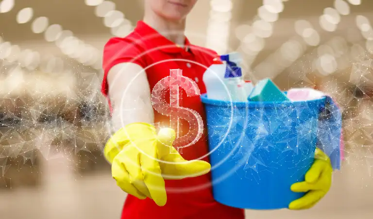 A cleaning lady clicks on a dollar hologram on a blurred background